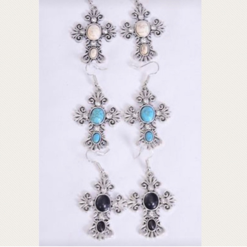 Antique vintage style semi precious stone cross earrings
